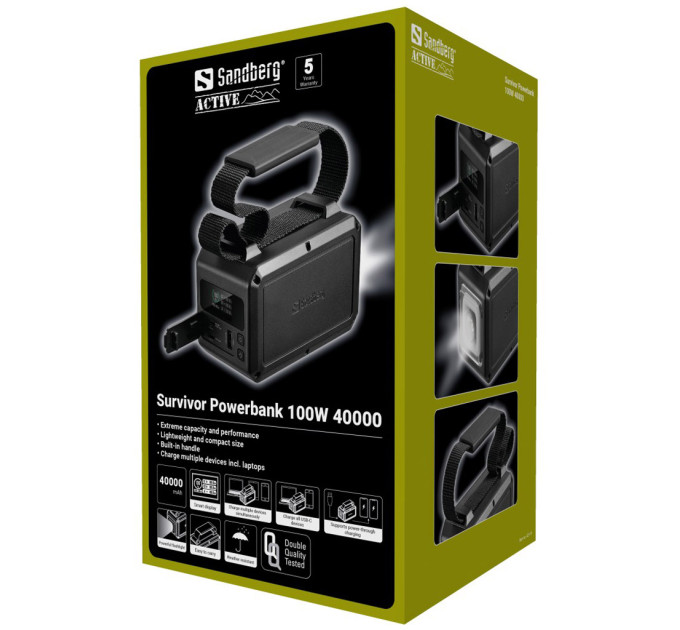 Sandberg Батарея універсальна Sandberg 40000mAh Survivor 100W, IPX4 Water resist, LED Torch, Pass-Through Charging (421-14)