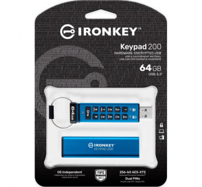 Kingston USB флеш накопичувач Kingston 64GB IronKey Keypad 200 AES-256 Encrypted Blue USB 3.2 (IKKP200/64GB)