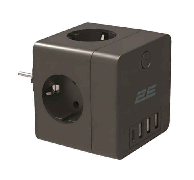 2E Мережевий адаптер 2E 4xТип F, 16A, 3xUSB-A, 1x USB-C, чорний (2E-AD431BK)