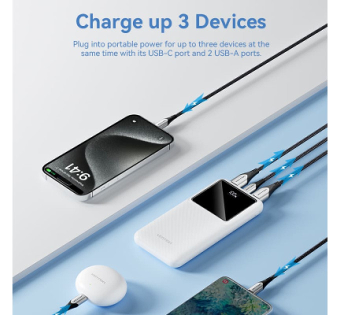 Vention Батарея універсальна VENTION 10000mAh Power Bank (Micro-USB + USB-C + USB-A + USB-A) 22.5W Black LED Display Type (FHKB0)