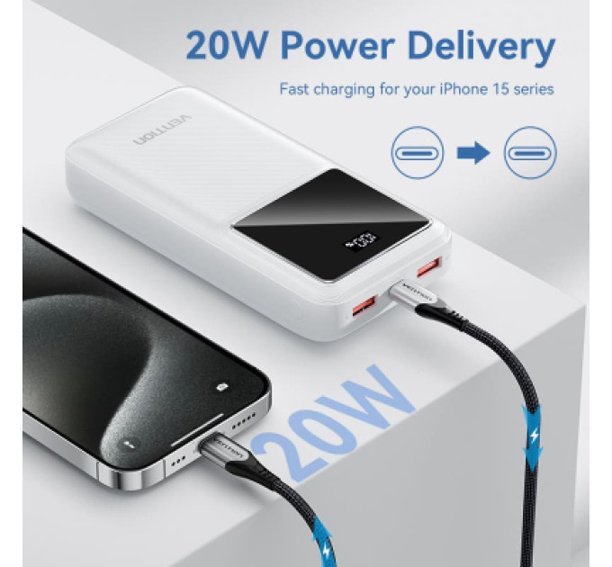 Vention Батарея універсальна VENTION 20000mAh Power Bank (Micro-USB + USB-C + USB-A + USB-A) 22.5W Black LED Display Type (FHLB0)