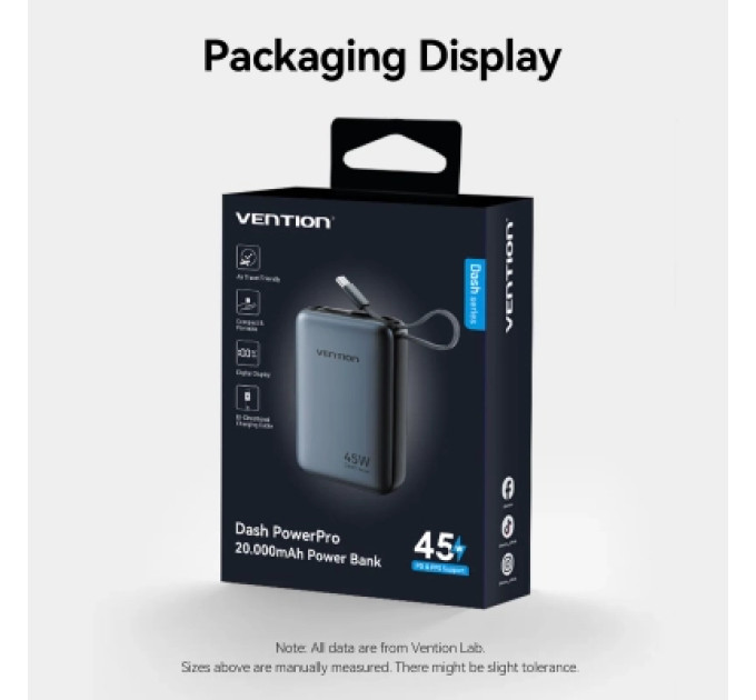 Vention Батарея універсальна VENTION 20000mAh Mini Power Bank (USB-C + USB-C/USB-A) with Built-in USB-C Cable 45W Gray (FHGH0)