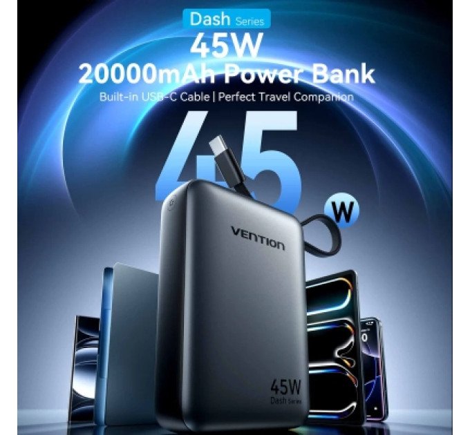 Vention Батарея універсальна VENTION 20000mAh Mini Power Bank (USB-C + USB-C/USB-A) with Built-in USB-C Cable 45W Gray (FHGH0)