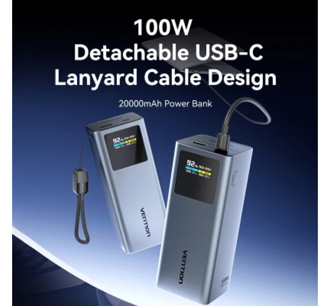 Vention Батарея універсальна VENTION 20000mAh Power Bank (USB-C + USB-C/USB-A) 100W Gray TFT Display Type (FKCH0)