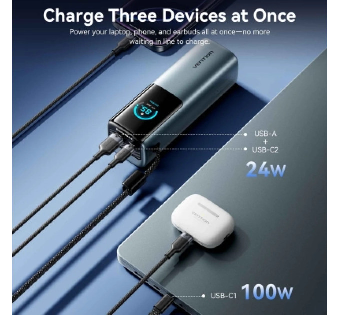 Vention Батарея універсальна VENTION 27000mAh Power Bank (USB-C + USB-C/USB-C/USB-A) 200W Gray TFT Display Type (FKGH0)