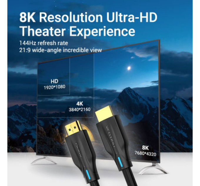 Vention Кабель мультимедійний Cotton Braided 8K HDMI Cable 2M Black VENTION (AAUBH)
