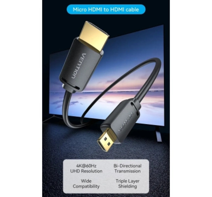 Vention Кабель мультимедійний HDMI-D Male to HDMI-A Male 4K HD Cable 1M Black VENTION (AGIBF)