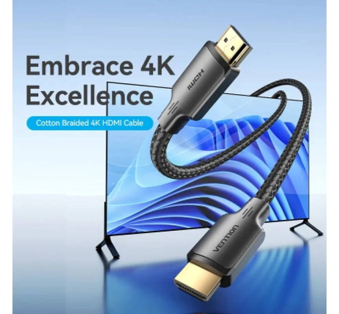 Vention Кабель мультимедійний Cotton Braided 4K HDMI Male to Male Cable 1.5M Black VENTION (ALLBG)