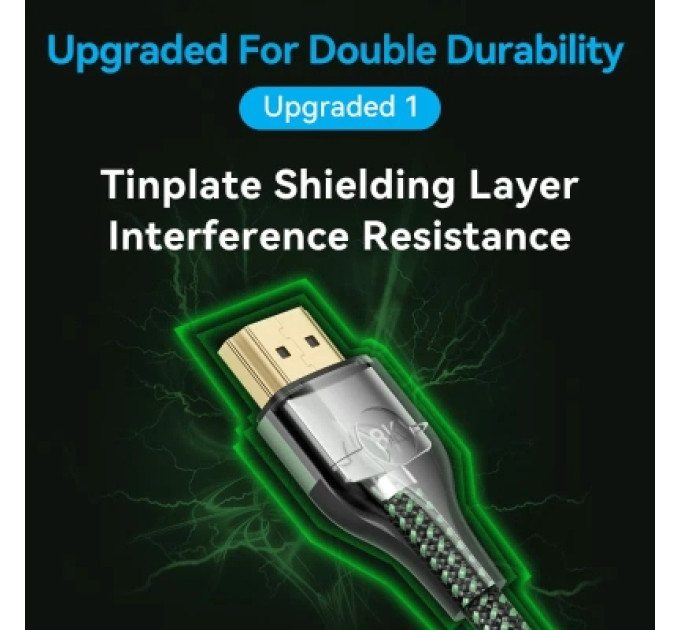 Vention Кабель мультимедійний Cotton Braided Ultra Thin HDMI-A Male to Male HD Cable 8K 1M Green Aluminum Alloy Type VENTION (ALOGF)