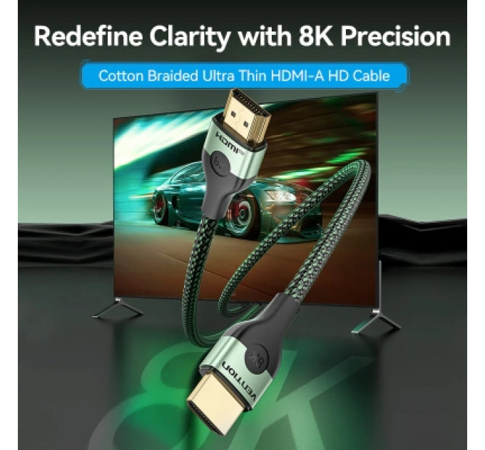 Vention Кабель мультимедійний Cotton Braided Ultra Thin HDMI-A Male to Male HD Cable 8K 1.5M Green Aluminum Alloy Type VENTION (ALOGG)