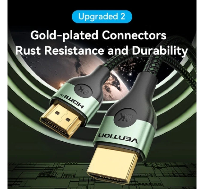 Vention Кабель мультимедійний Cotton Braided Ultra Thin HDMI-A Male to Male HD Cable 8K 1.5M Green Aluminum Alloy Type VENTION (ALOGG)