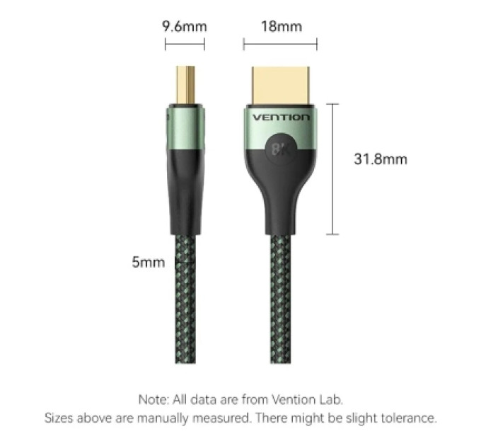 Vention Кабель мультимедійний Cotton Braided Ultra Thin HDMI-A Male to Male HD Cable 8K 1.5M Green Aluminum Alloy Type VENTION (ALOGG)