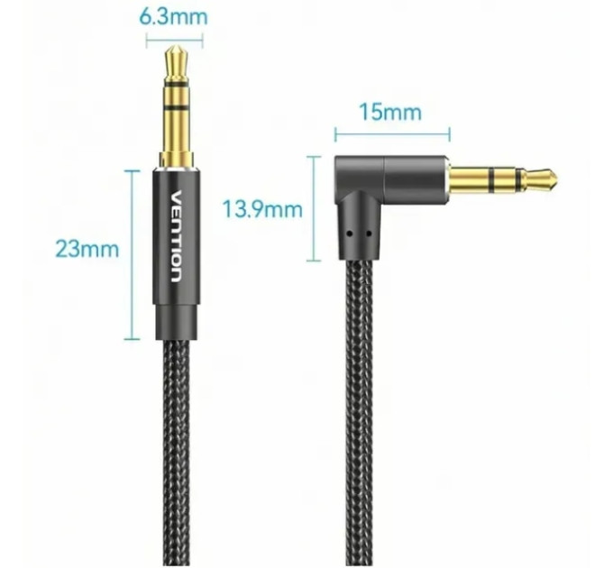 Vention Кабель мультимедійний Cotton Braided 3.5mm Male to Male Right Angle Audio Cable 1M Black Aluminum Alloy Type VENTION (BAZBF)