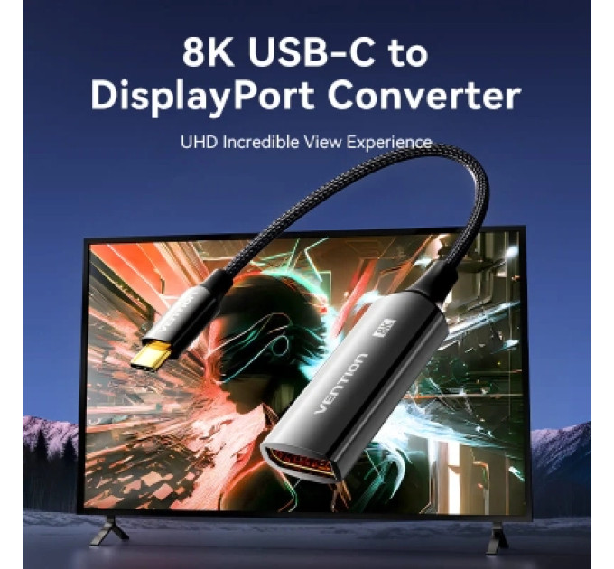 Vention Кабель мультимедійний Cotton Braided USB-C to DP 8K Converter 0.25M Black Zinc Alloy Type VENTION (CRGBC)