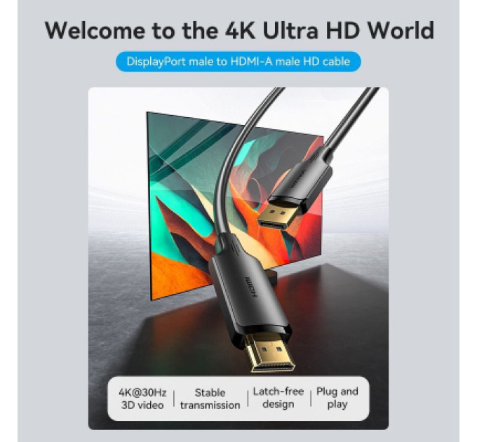 Vention Кабель мультимедійний DisplayPort Male to HDMI-A Male 4K HD Cable 1.8M Black VENTION (HFOBAC)