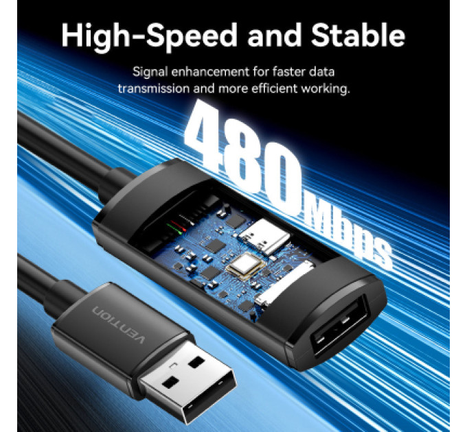 Vention Дата кабель USB 2.0 Type-A Male to Type-A Female Active Extension Cable 25M Black VENTION (CBKBS)