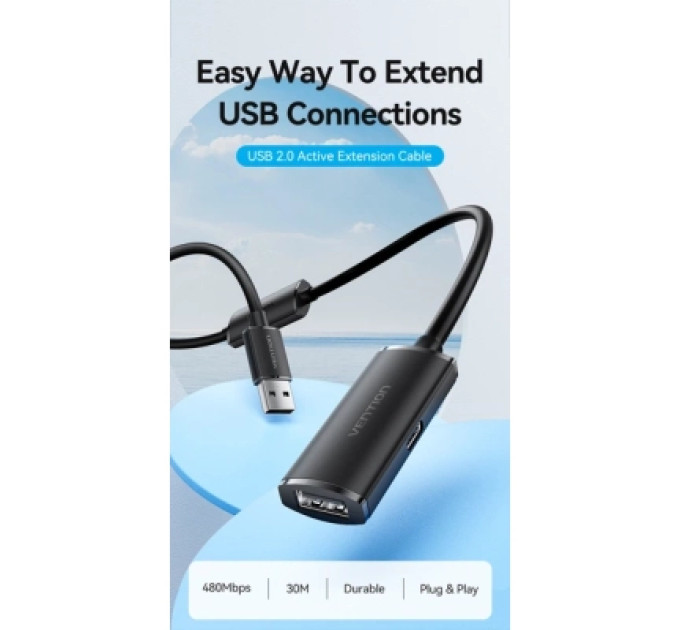 Vention Дата кабель USB 2.0 Type-A Male to Type-A Female Active Extension Cable 30M Black VENTION (CBKBT)