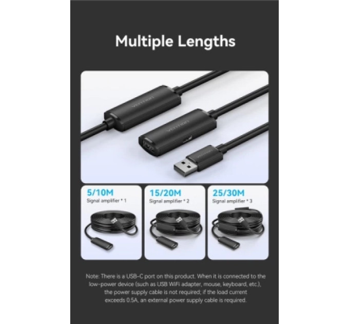 Vention Дата кабель USB 2.0 Type-A Male to Type-A Female Active Extension Cable 30M Black VENTION (CBKBT)