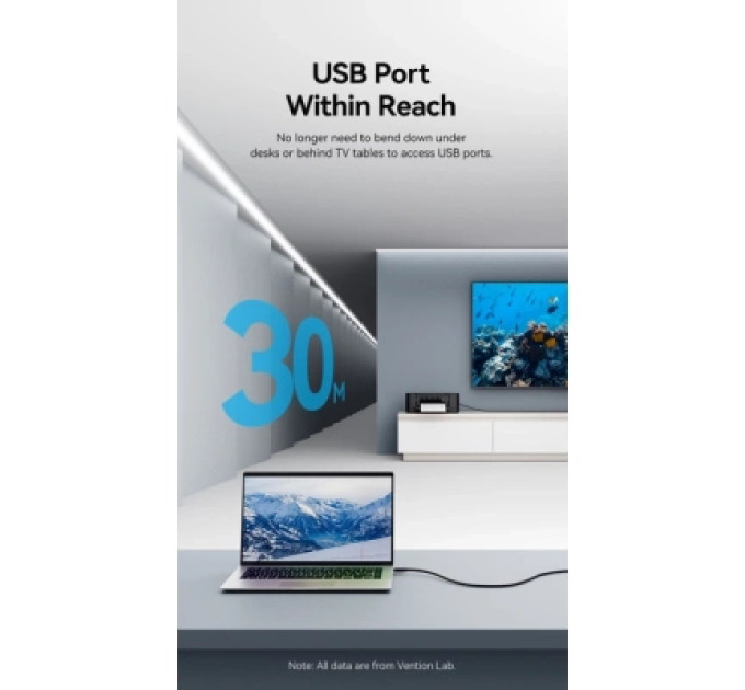 Vention Дата кабель USB 2.0 Type-A Male to Type-A Female Active Extension Cable 30M Black VENTION (CBKBT)