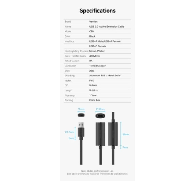 Vention Дата кабель USB 2.0 Type-A Male to Type-A Female Active Extension Cable 30M Black VENTION (CBKBT)
