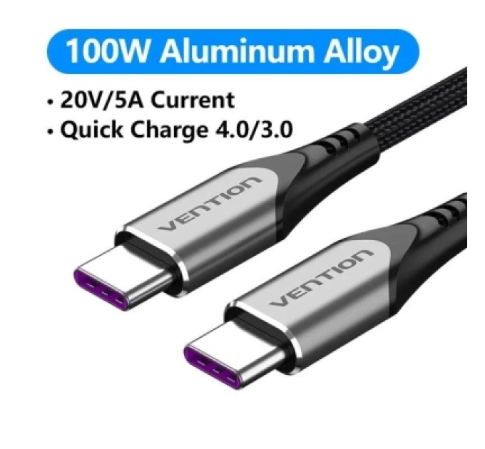 Vention Дата кабель USB 2.0 C Male to C Male 5A Cable 1M Gray Aluminum Alloy Type VENTION (TAEHF)