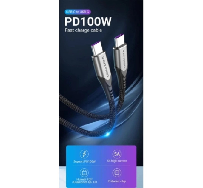 Vention Дата кабель USB 2.0 C Male to C Male 5A Cable 1M Gray Aluminum Alloy Type VENTION (TAEHF)