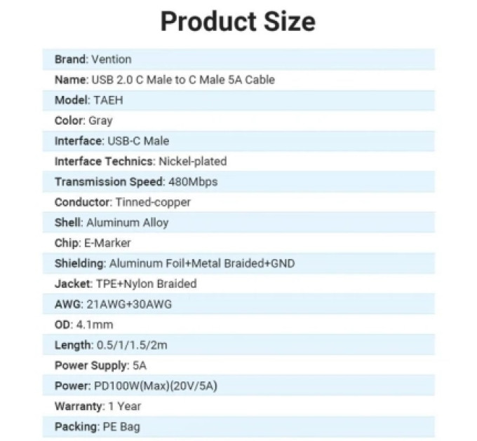 Vention Дата кабель USB 2.0 C Male to C Male 5A Cable Gray 2M Aluminum Alloy Type VENTION (TAEHH)