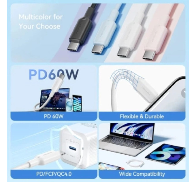 Vention Дата кабель USB 2.0 Type-C Male to Type-C Male 3A Cable 1M Black PVC Type VENTION (TRCBF)
