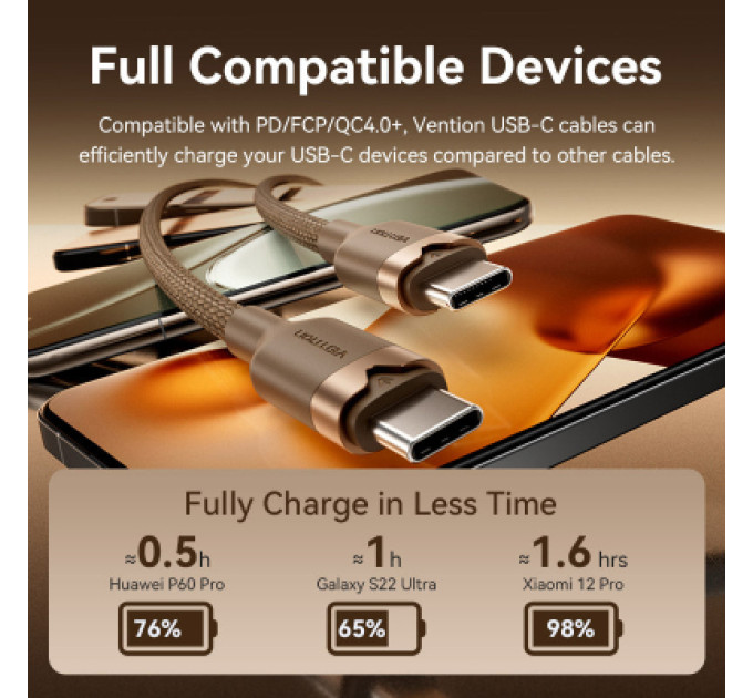 Vention Дата кабель USB 2.0 Type-C Male to Type-C Male 3A Cable 1M Gold Aluminum Alloy Type VENTION (TRDJF)