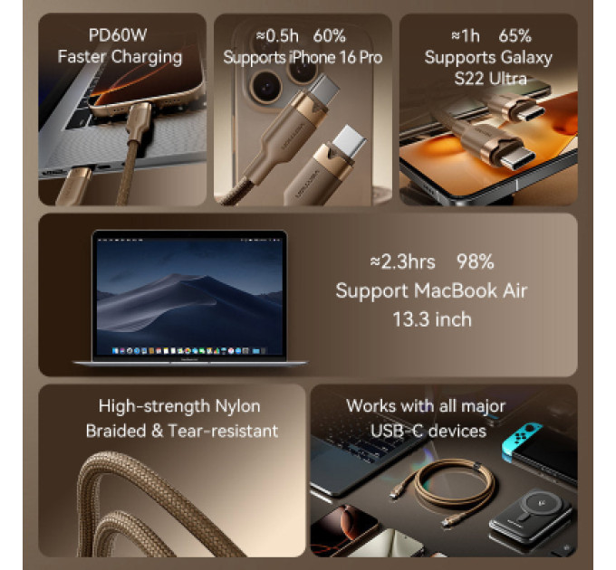Vention Дата кабель USB 2.0 Type-C Male to Type-C Male 3A Cable 1M Gold Aluminum Alloy Type VENTION (TRDJF)
