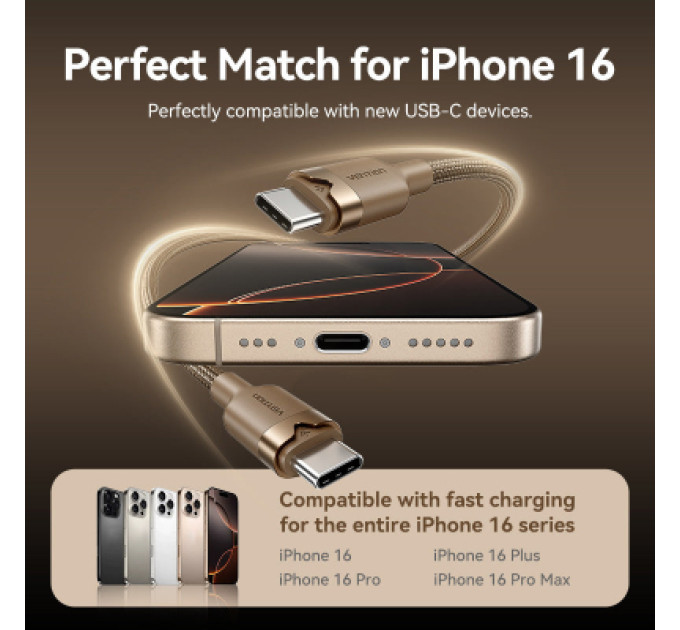 Vention Дата кабель USB 2.0 Type-C Male to Type-C Male 3A Cable 1M Gold Aluminum Alloy Type VENTION (TRDJF)