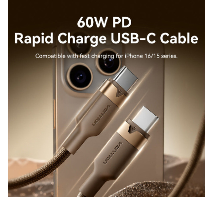 Vention Дата кабель USB 2.0 Type-C Male to Type-C Male 3A Cable 1M Gold Aluminum Alloy Type VENTION (TRDJF)