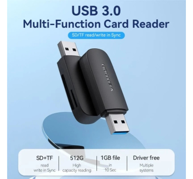 Vention Зчитувач флеш-карт 2-in-1 USB 3.0 A Card Reader(SD+TF) Black Dual Drive Letter VENTION (CLGB0)