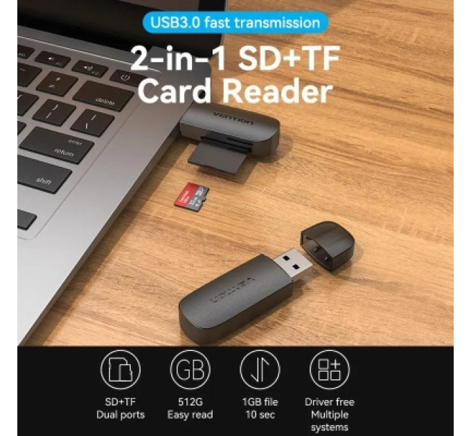 Vention Зчитувач флеш-карт 2-in-1 USB 3.0 A Card Reader(SD+TF) Black Dual Drive Letter VENTION (CLGB0)