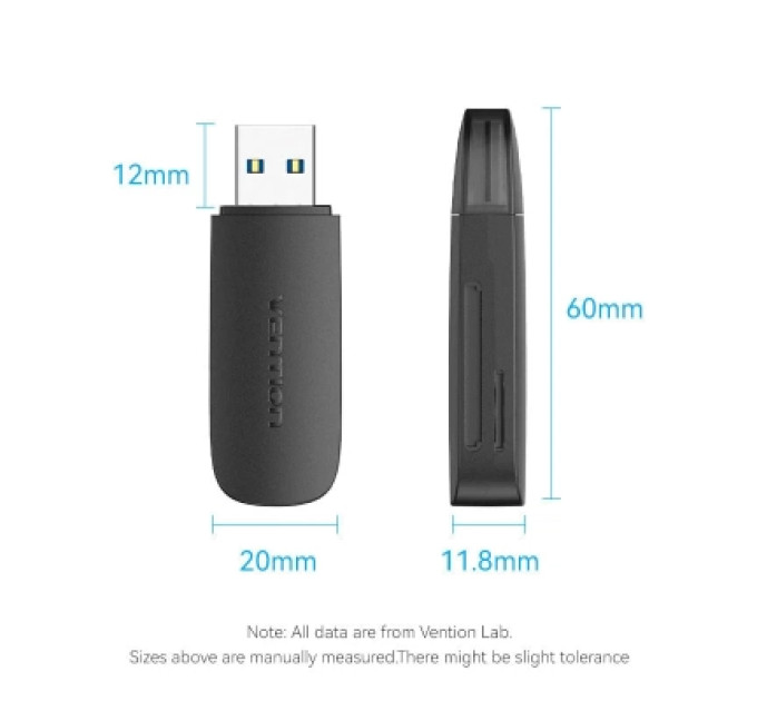 Vention Зчитувач флеш-карт 2-in-1 USB 3.0 A Card Reader(SD+TF) Black Dual Drive Letter VENTION (CLGB0)