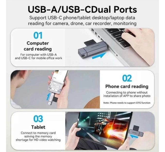 Vention Зчитувач флеш-карт 2-in-1 USB 3.0 A+C Card Reader(SD+TF) Gray Dual Drive Letter Aluminum Alloy Type VENTION (CLLH0)