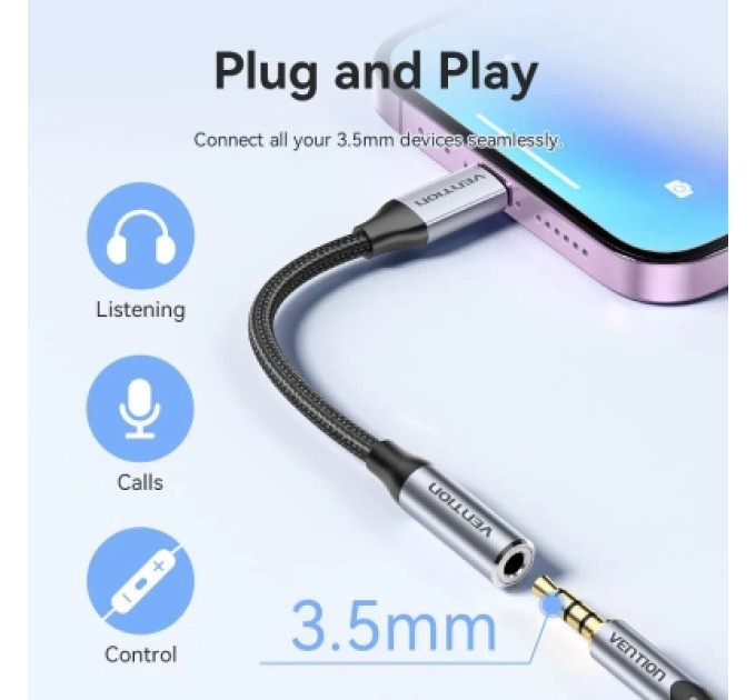 Vention Перехідник Cotton Braided Lightning Male to 3.5MM Earphone Jack Adapter 0.1M Gray Aluminum Alloy Type VENTION (BMBHA)