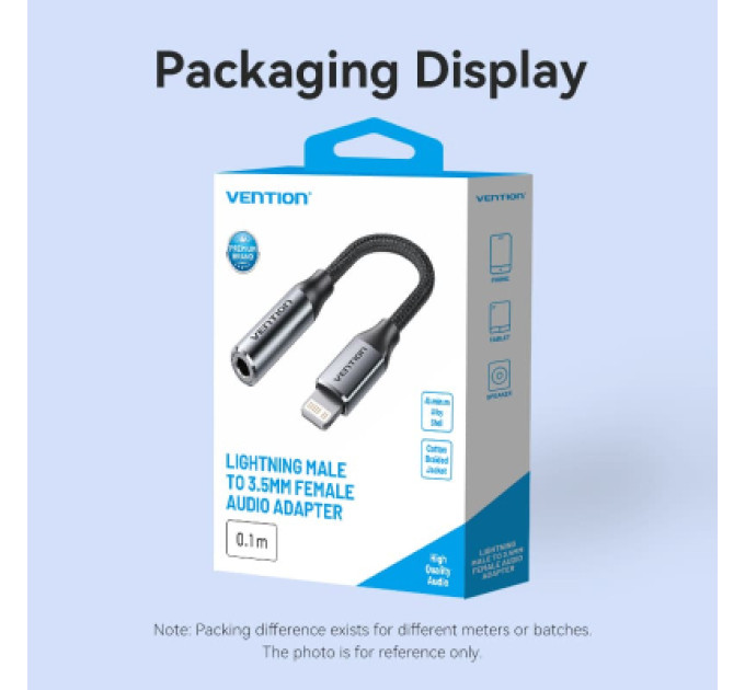 Vention Перехідник Cotton Braided Lightning Male to 3.5MM Earphone Jack Adapter 0.1M Gray Aluminum Alloy Type VENTION (BMBHA)