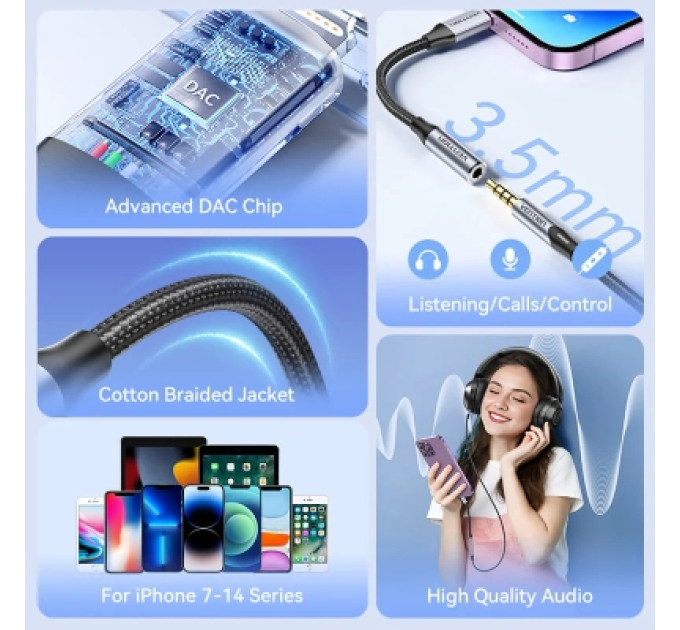 Vention Перехідник Cotton Braided Lightning Male to 3.5MM Earphone Jack Adapter 0.1M Gray Aluminum Alloy Type VENTION (BMBHA)