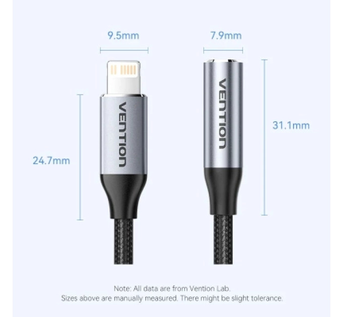 Vention Перехідник Cotton Braided Lightning Male to 3.5MM Earphone Jack Adapter 0.1M Gray Aluminum Alloy Type VENTION (BMBHA)