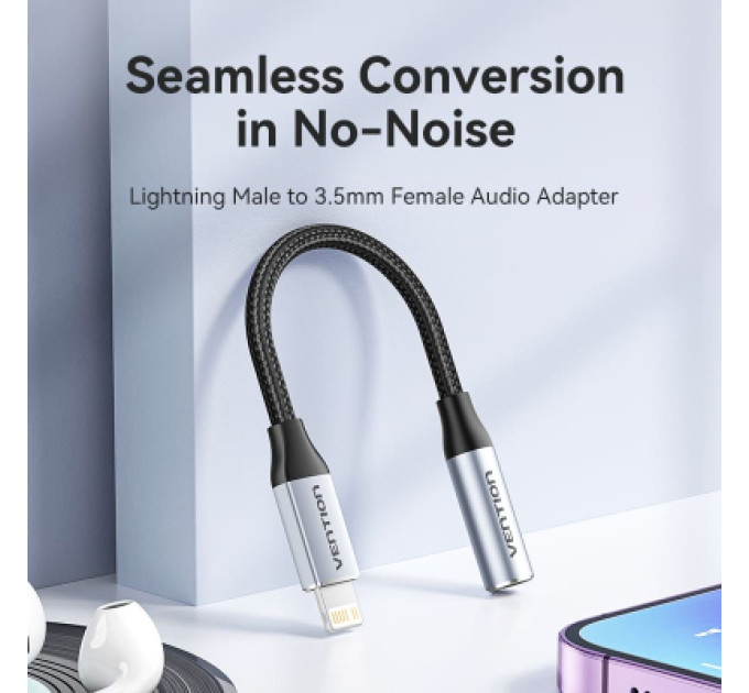 Vention Перехідник Cotton Braided Lightning Male to 3.5MM Earphone Jack Adapter 0.1M Gray Aluminum Alloy Type VENTION (BMBHA)