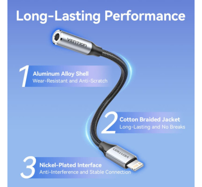 Vention Перехідник Cotton Braided Lightning Male to 3.5MM Earphone Jack Adapter 0.1M Gray Aluminum Alloy Type VENTION (BMBHA)