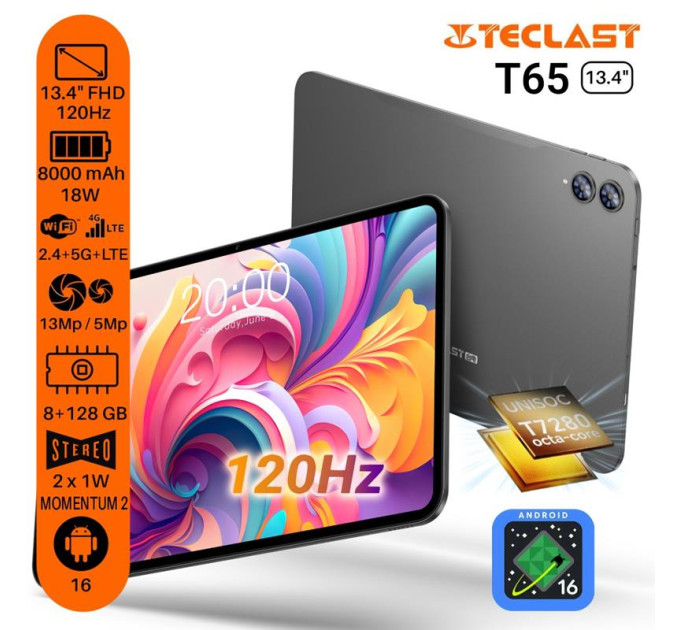 Teclast Планшет Teclast T65 13.4” 8/128GB LTE Metal, Grey (6940709687758)