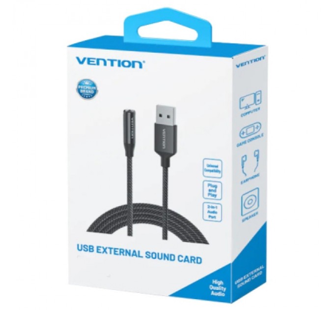 Звукова плата VENTION USB AM to 3.5mm F 0.25m (4pin) 96kHz/24bit DSP noise reduction (CVEBC)