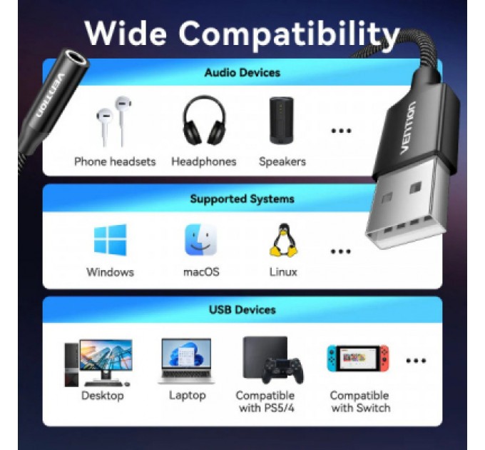 Звукова плата VENTION USB AM to 3.5mm F 0.25m (4pin) 96kHz/24bit DSP noise reduction (CVEBC)