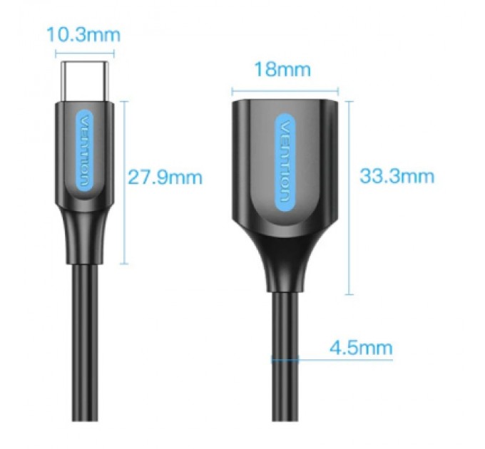 Перехідник OTG USB 2.0 AF to USB-C 0.15m black VENTION (CCSBB)