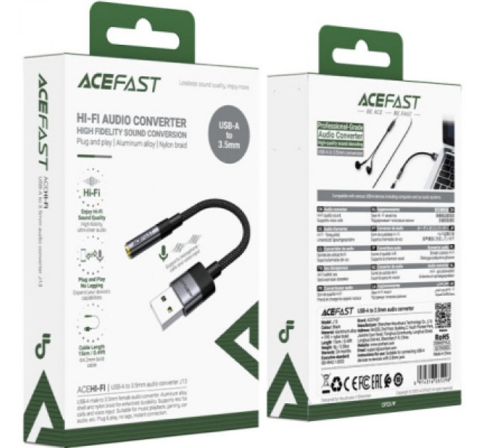 Перехідник USB AM to 3.5mm F 0.15m black Acefast (6974316285298)