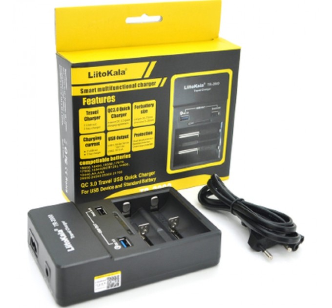 Зарядний пристрій для акумуляторів Liitokala 2 Slots, USB1/QC/3.0, USB2/2.4A, NiMHC(R14)/SC/AA/AAA/17670, Li-ion10440...26650 (Lii-TR2000)