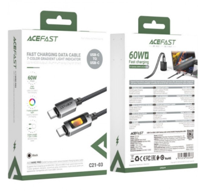 Дата кабель USB-C to USB-C 1.2m 60W black Acefast (6974316284666)