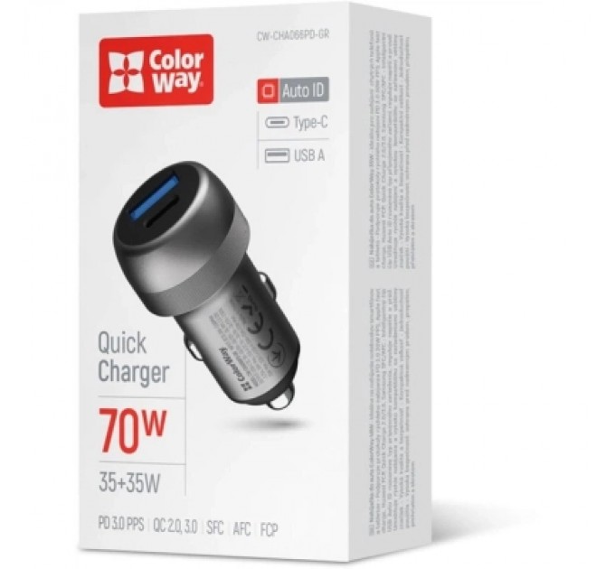 Зарядний пристрій ColorWay USB-C PD35W + USB QC3.0 car adapter (CW-CHA066PD-GR)